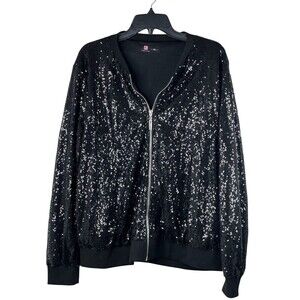 Kancy Kole Black Sequins Sparkle Jacket Long Sleeves Full Zip Size XXL Y2K Retro